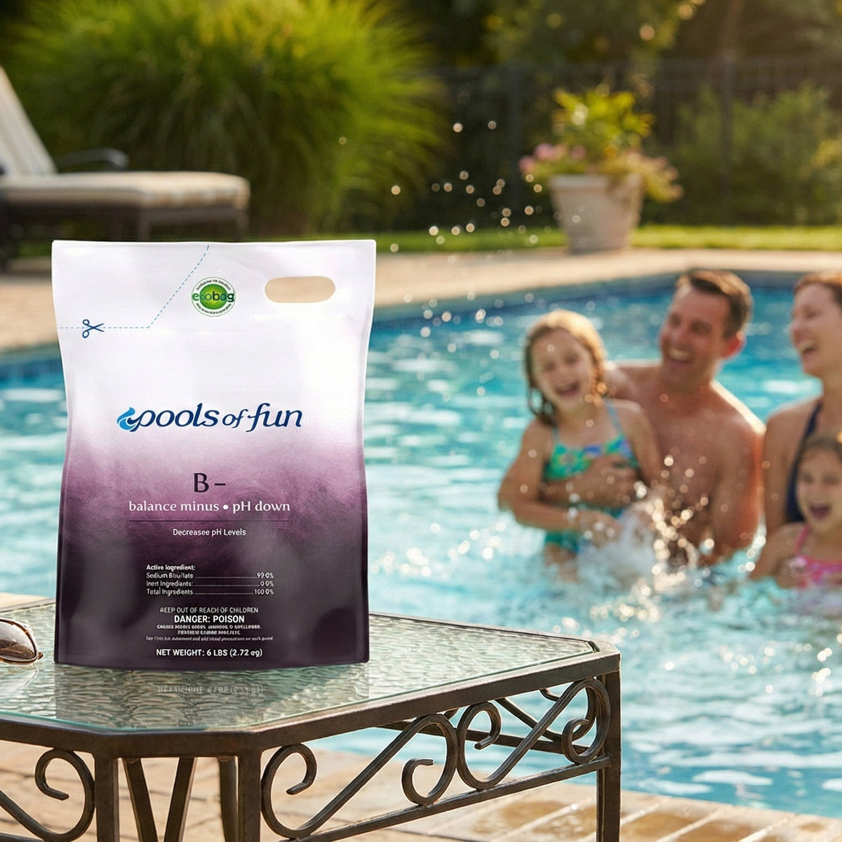 A bag of pool chemicals on a table by a pool