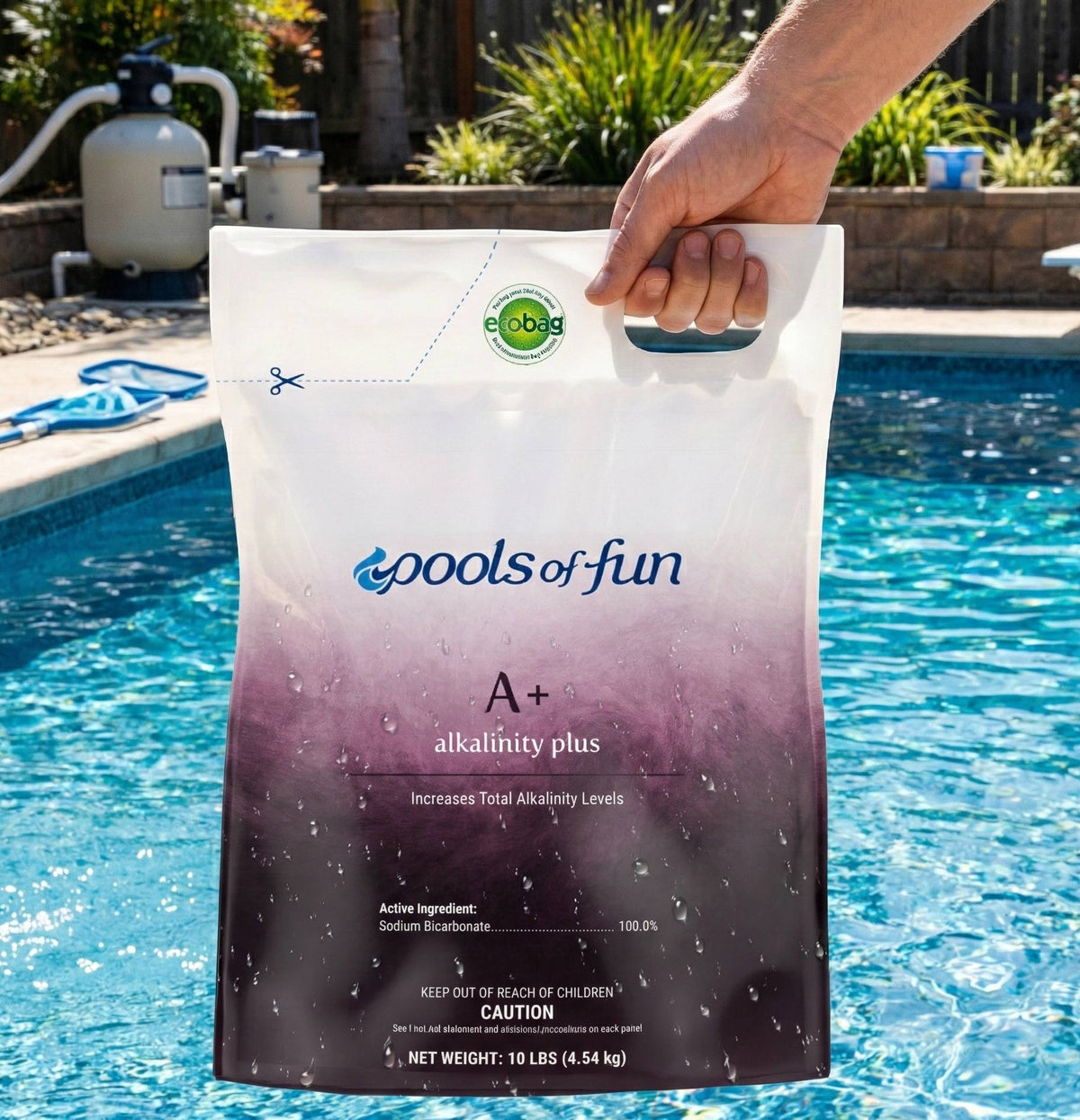 Bag of 'Pools of Fun' A+ alkalinity plus pool chemical held over a pool.
