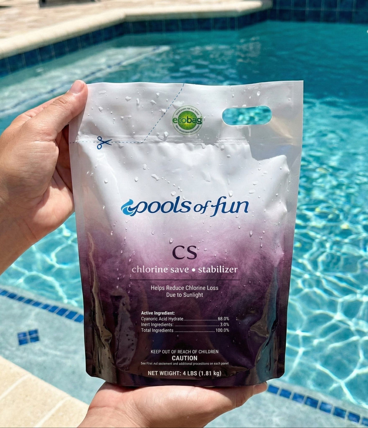 a package of 'Pools of Fun' chlorine save stabilizer