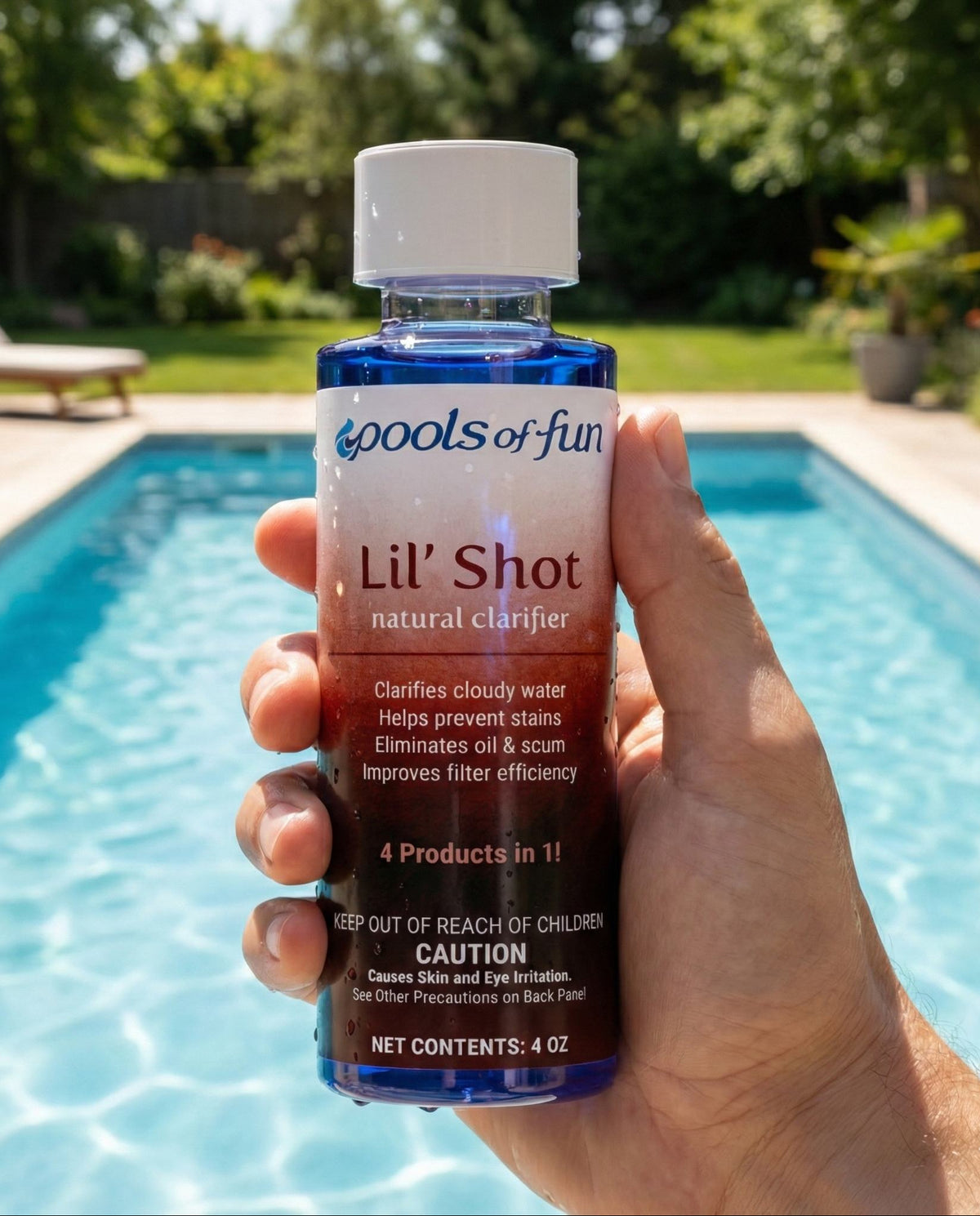 Bottle of 'Pools of Fun Lil' Shot' natural clarifier