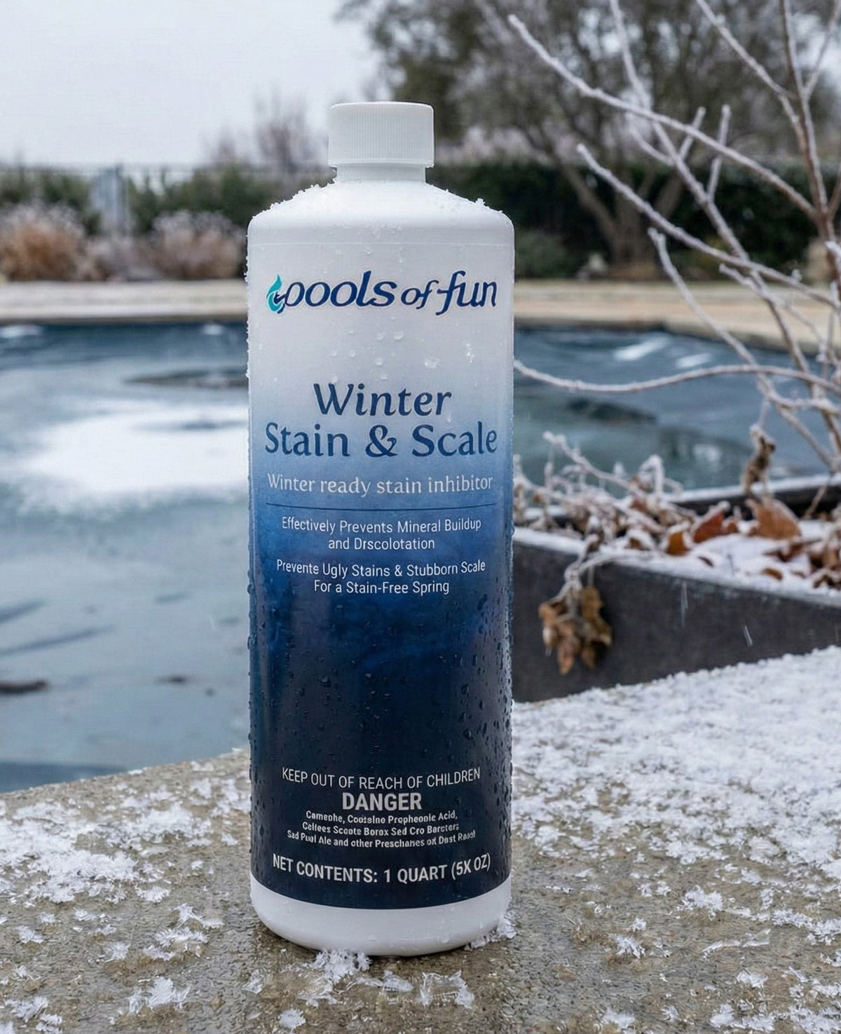 Bottle of 'Pools of Fun' winter pool treatment product