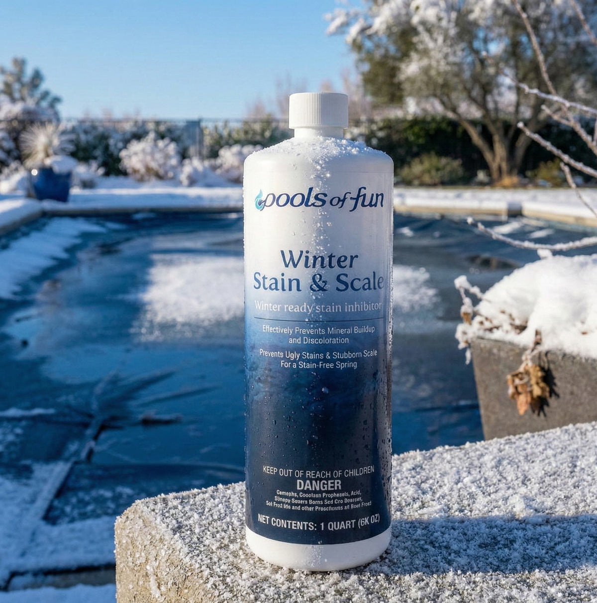 Bottle of 'Pools of Fun' winter stain and scale product 