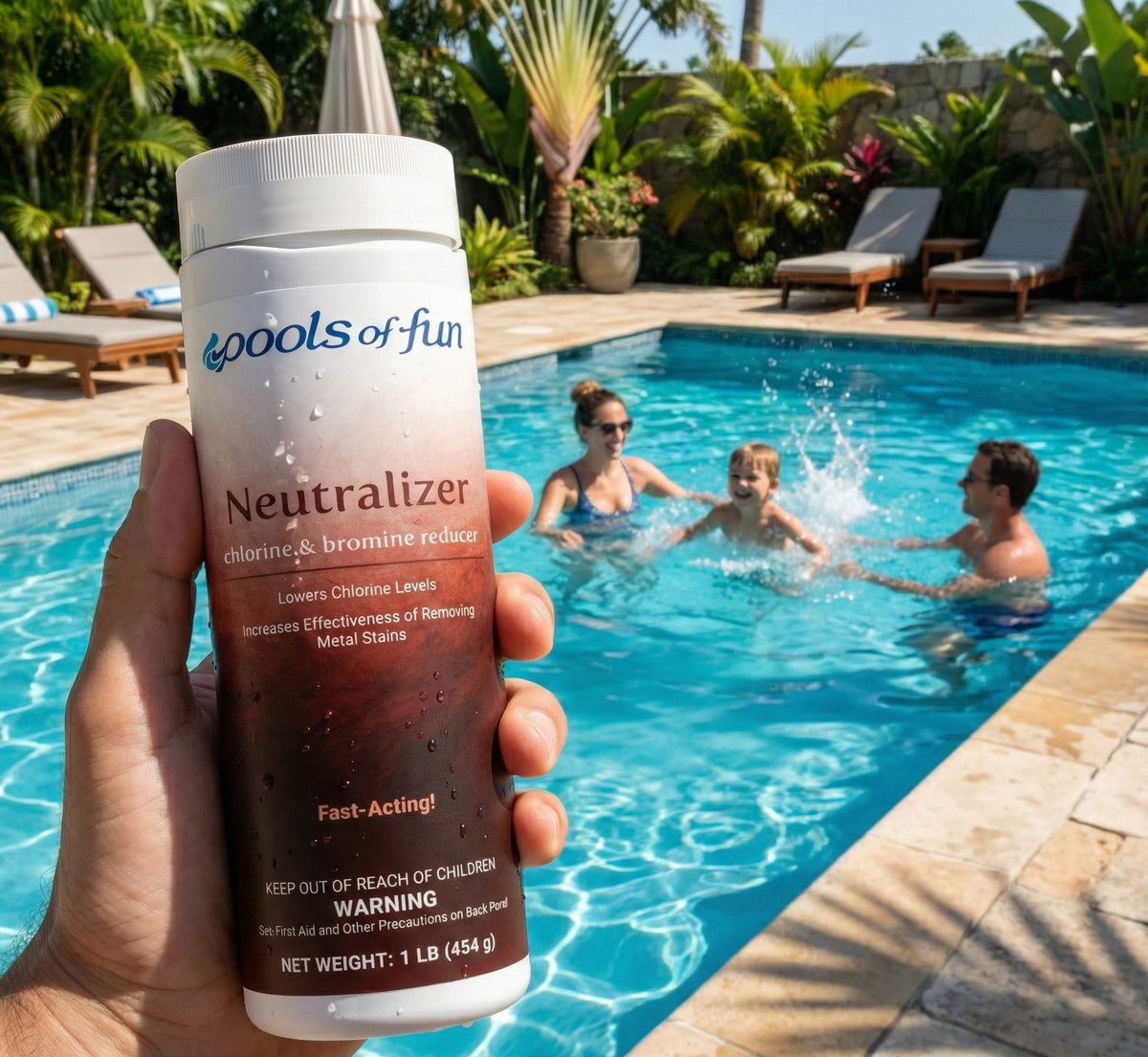 Person holding a 'Pools of Fun' neutralizer product with a pool and people in the background