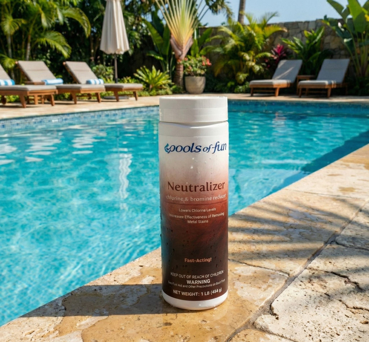 Pools of Fun Neutralizer product by a poolside