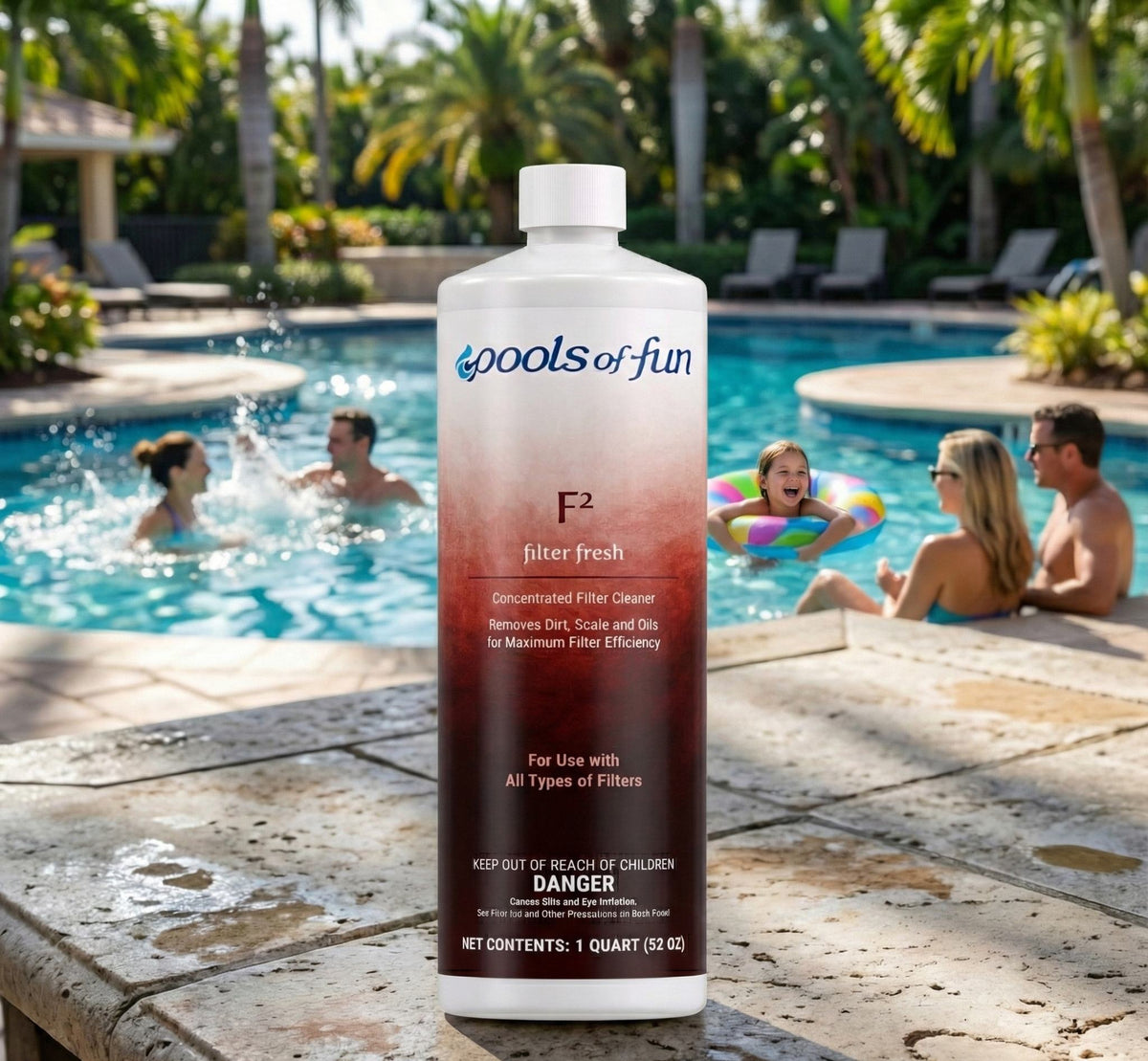 Pump of 'Pools of Fun' filter fresh product with a pool and people in the background