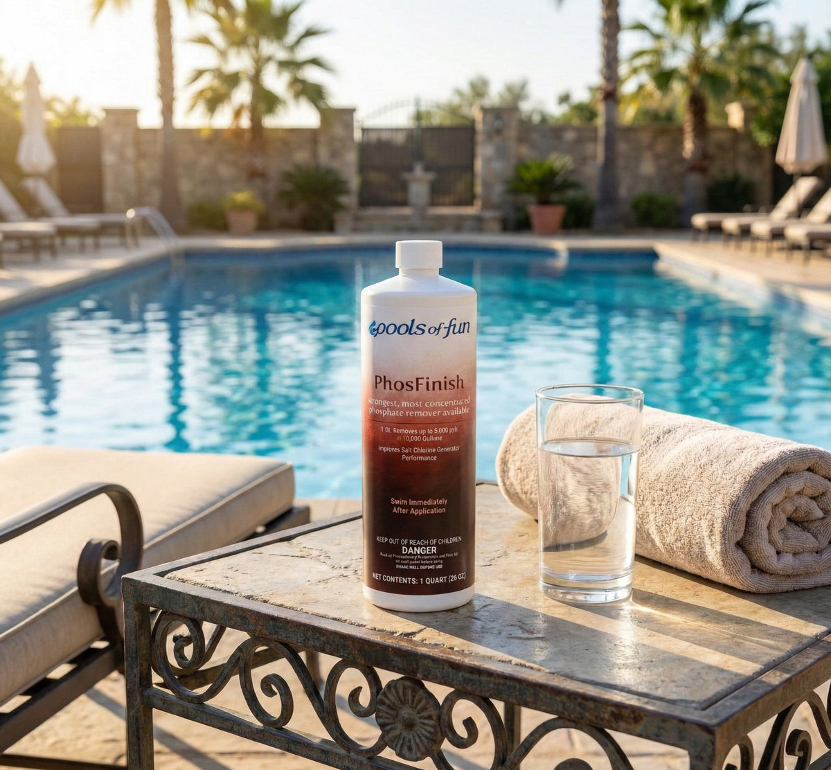 Product bottle labeled 'PhosFinish' on a table by a pool with lounge chairs and palm trees in the background.
