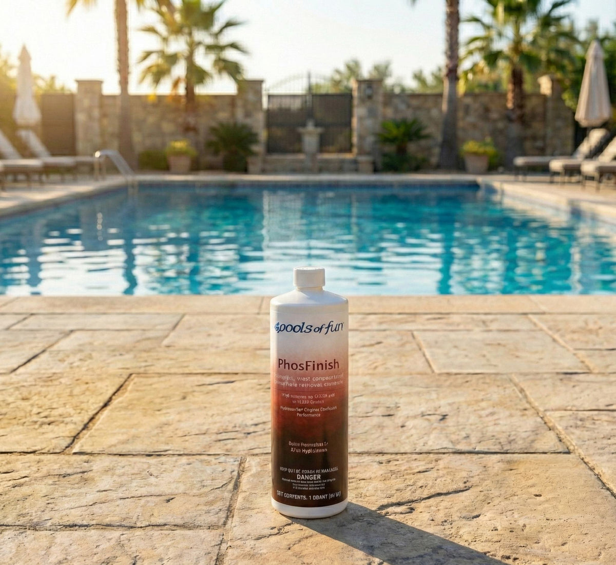 Pool cleaning product bottle labeled 'PhosFinish' by 'poolsoffun' on a stone deck with a pool and palm trees in the background.