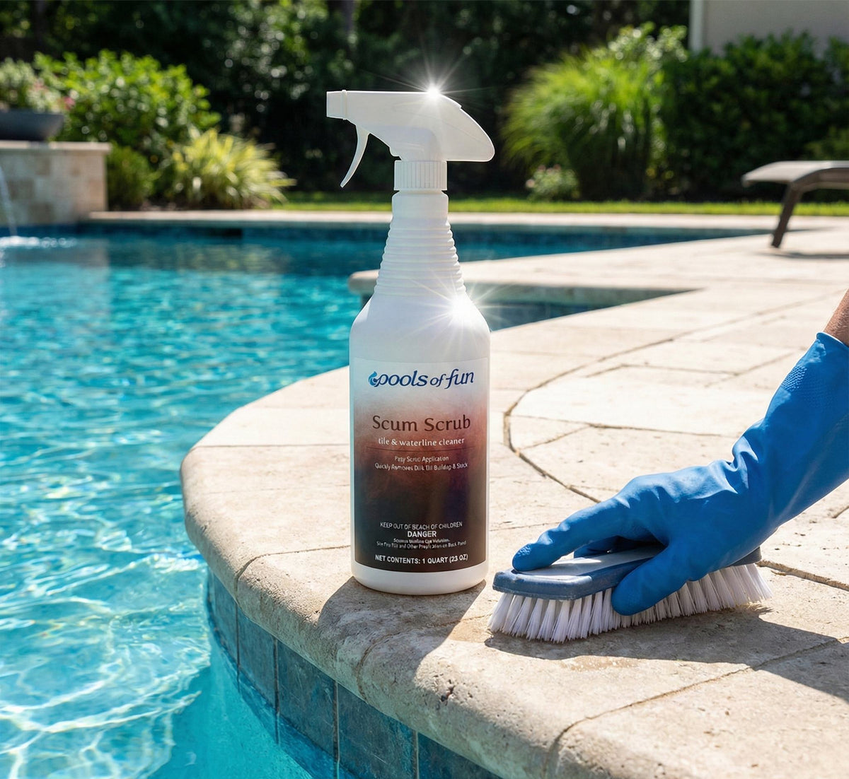 Scum Scrub bottle and brush on a pool ledge with a pool in the background