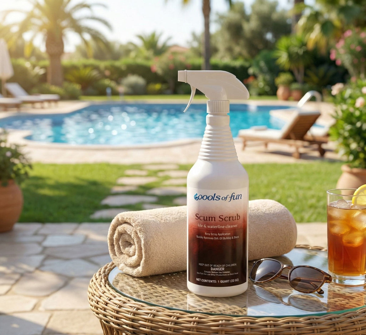 Scum Scrub bottle on a table with pool and garden in the background